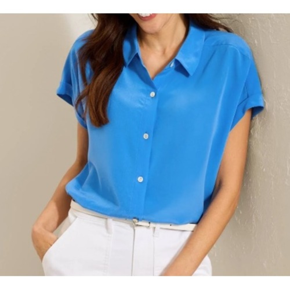 Tommy Bahama Womens Blue 100% Silk Short Sleeve‎ Button Down Camp Shirt Small